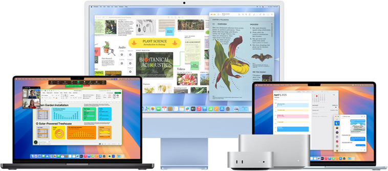 Mac Studio, Mac mini, MacBook Pro, MacBook Air och iMac grupperade med skärmarna framåt