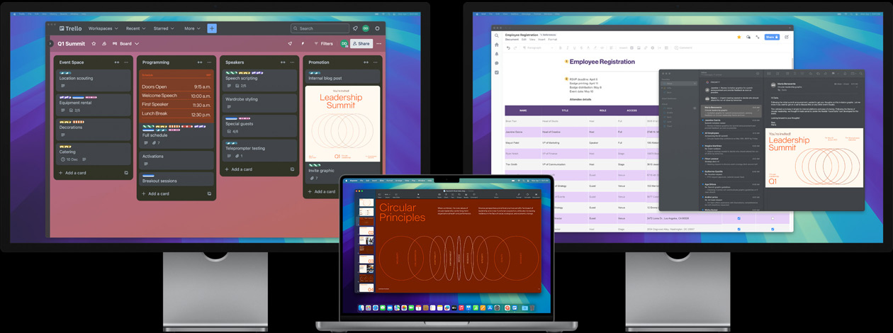 Das MacBook Pro und zwei Studio Displays zeigen, wie ein Gipfeltreffen von Führungskräften und eine Präsentation vorbereitet, Aufgaben in der App Trello verfolgt und Designdateien in einer E‑Mail überprüft werden