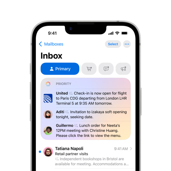Prioriterede beskeder i Mail på skærmen af iPhone 16e.
