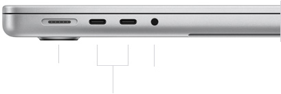 MacBook Pro 14 дюймів із чипом M4 Pro або M4 Max, закритий, зліва, показано порт MagSafe 3, два порти Thunderbolt 5 та порт для навушників