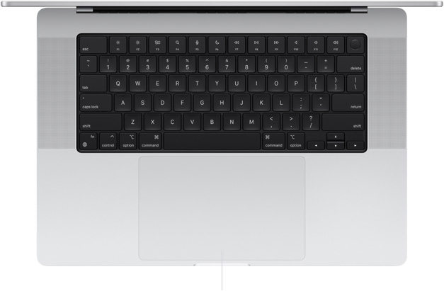 Вид згори на відкритий MacBook Pro 16 дюймів, показано трекпед Force Touch, розміщений під клавіатурою